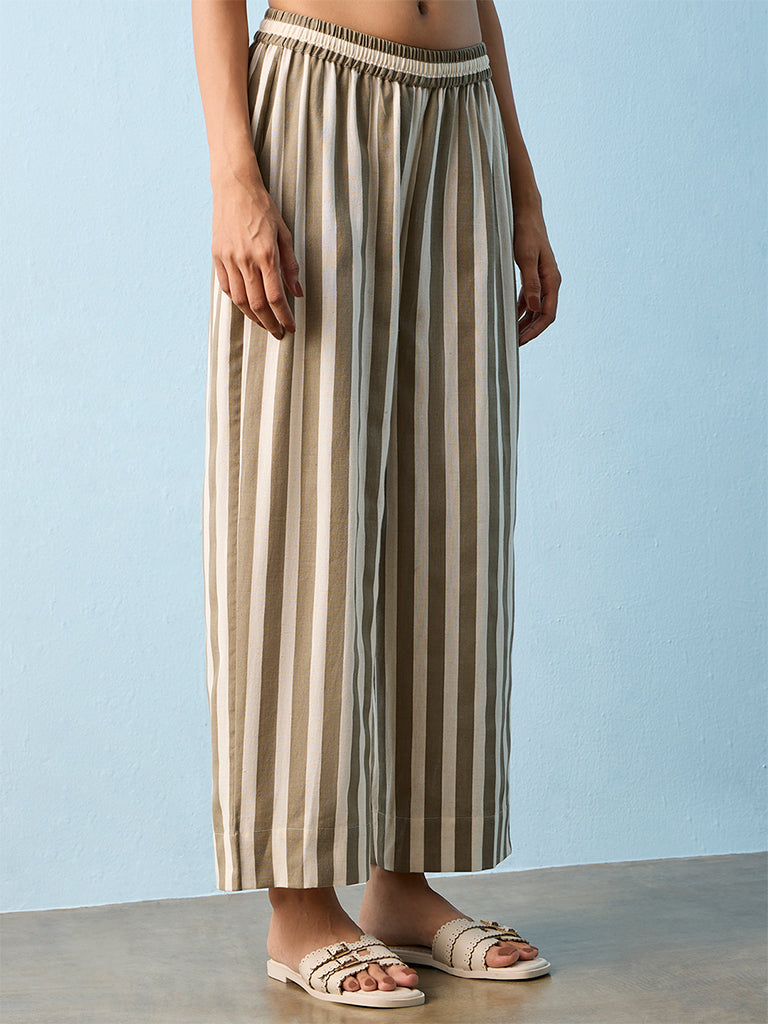Utsa Dark Taupe Striped Cotton-Blend Pants