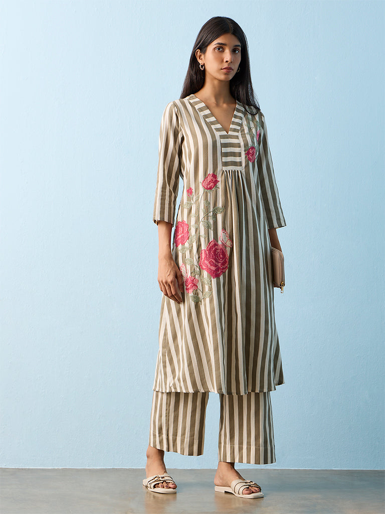 Utsa Dark Taupe Striped Cotton-Blend Pants