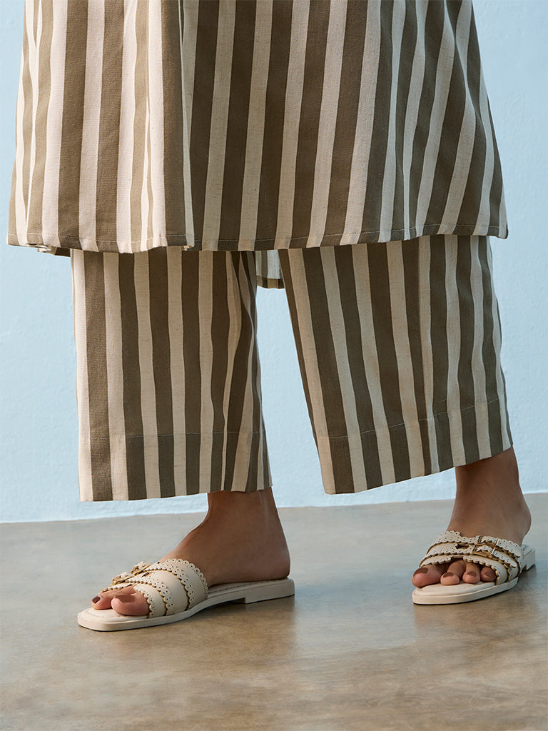 Utsa Dark Taupe Striped Cotton-Blend Pants