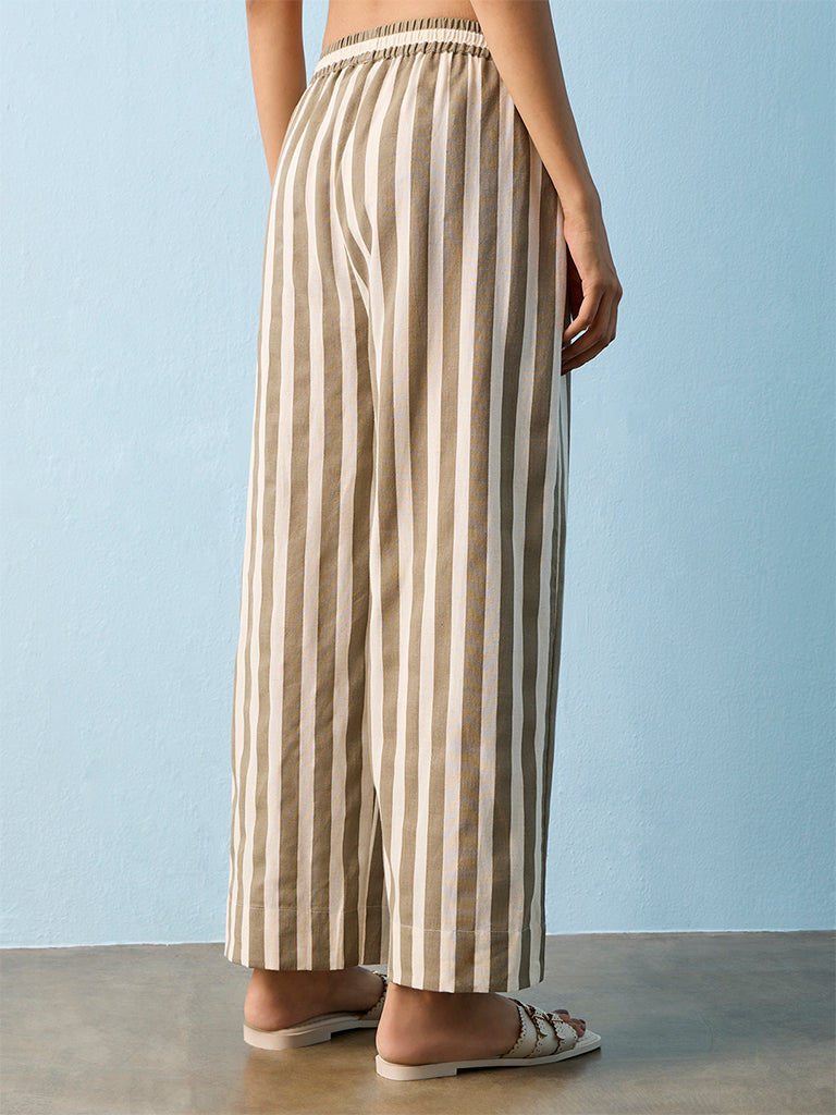 Utsa Dark Taupe Striped Cotton-Blend Pants
