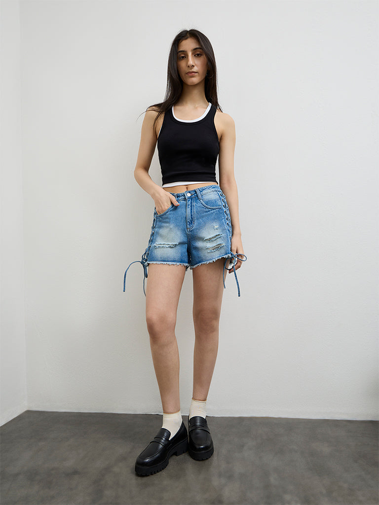 Nuon Blue Criss-Cross Detailed High-Rise Denim Shorts