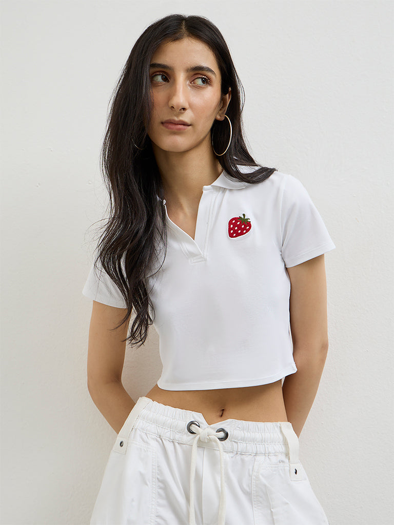 Nuon White Embroidered Cotton-Blend T-Shirt