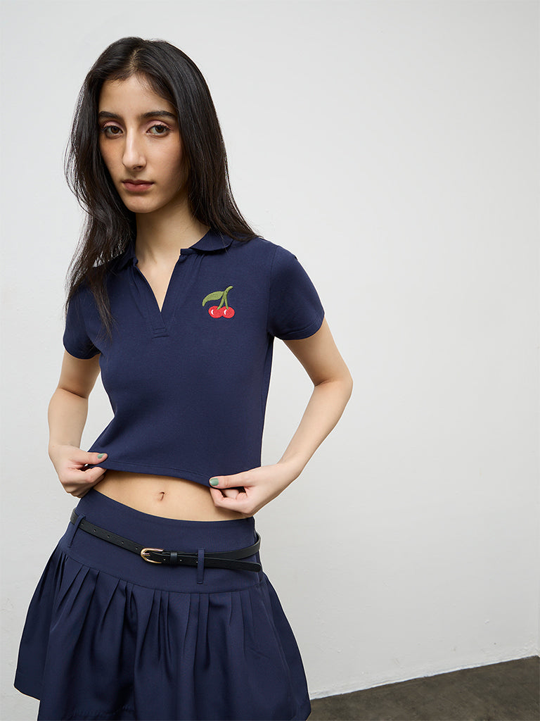 Nuon Navy Embroidered Cotton-Blend Polo T-Shirt