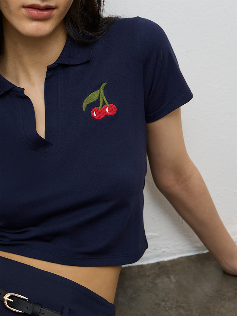 Nuon Navy Embroidered Cotton-Blend Polo T-Shirt