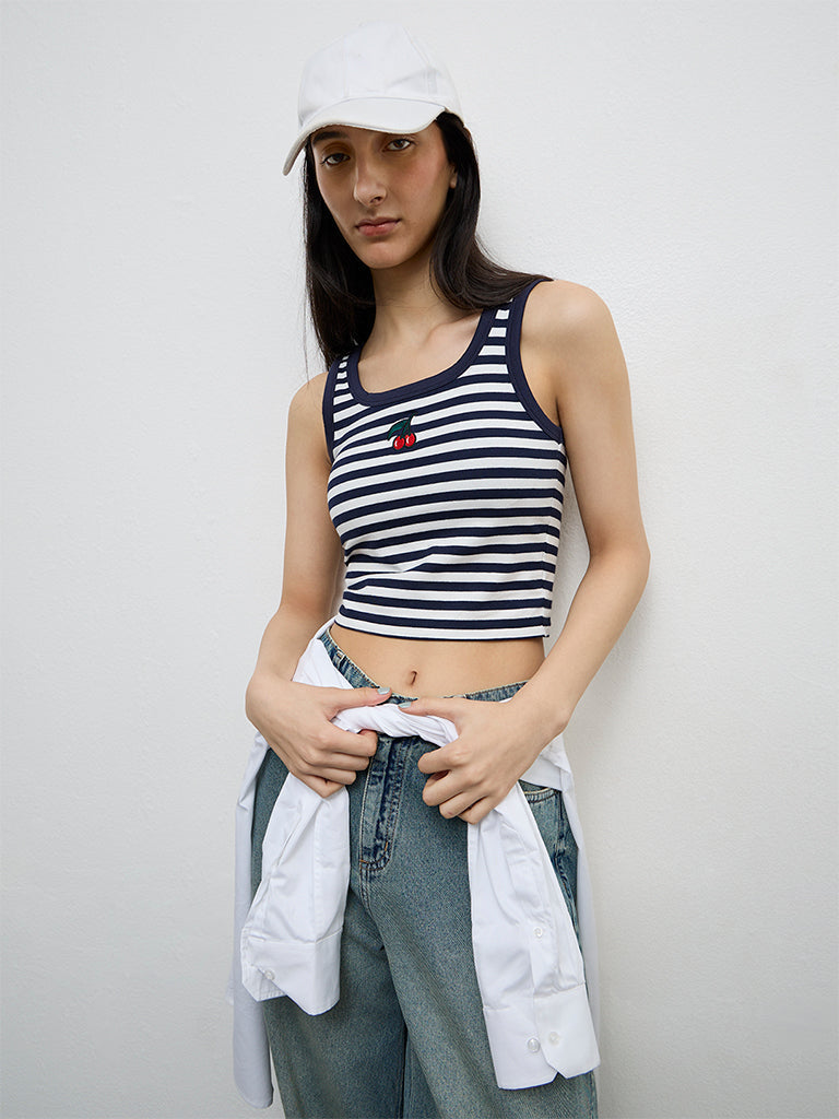Nuon Navy Striped Cotton-Blend Tank Top