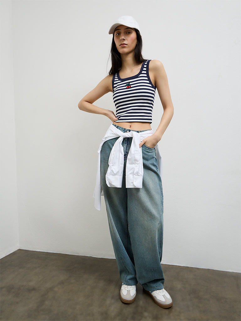 Nuon Navy Striped Cotton-Blend Tank Top
