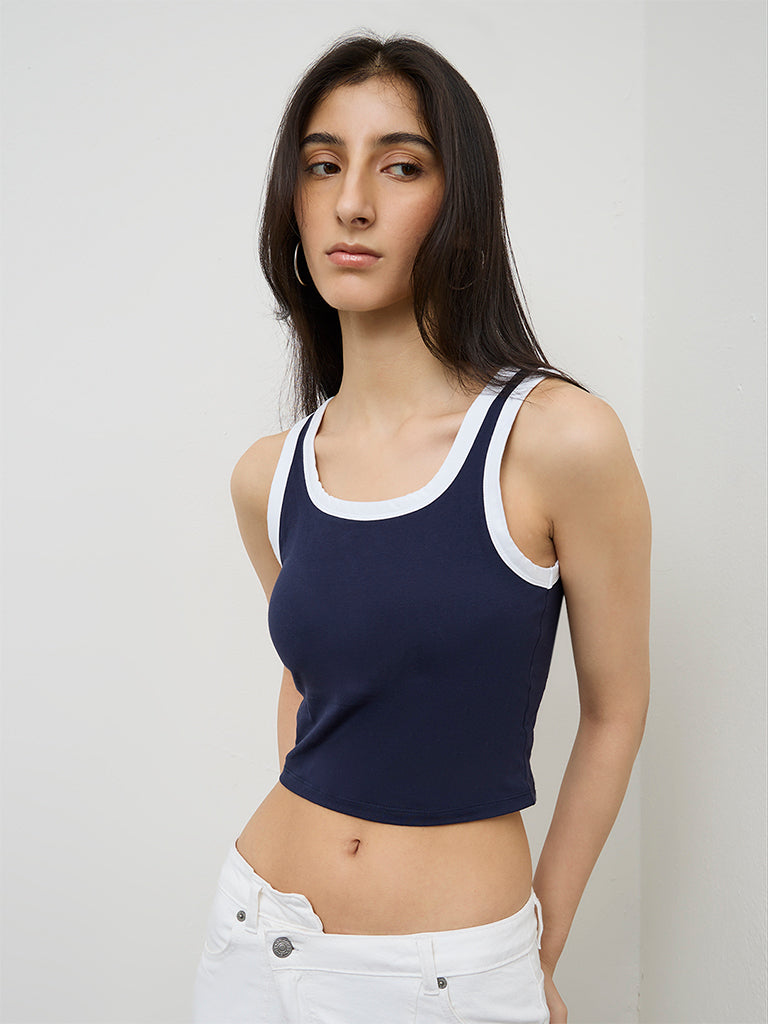 Nuon Navy Cut-Out Design Cotton-Blend Tank Top