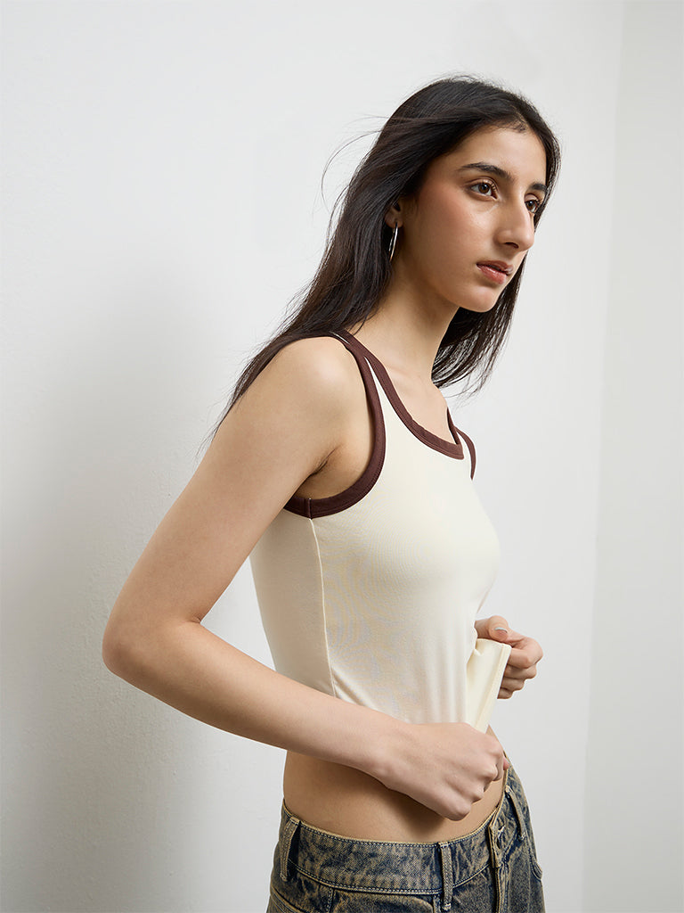 Nuon Light Yellow Cut-Out Design Cotton-Blend Tank Top