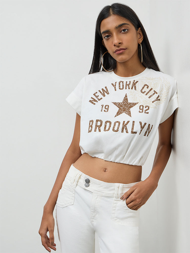 Nuon Off-White Text Printed Cotton T-Shirt