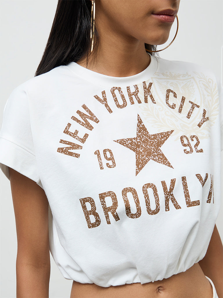 Nuon Off-White Text Printed Cotton T-Shirt