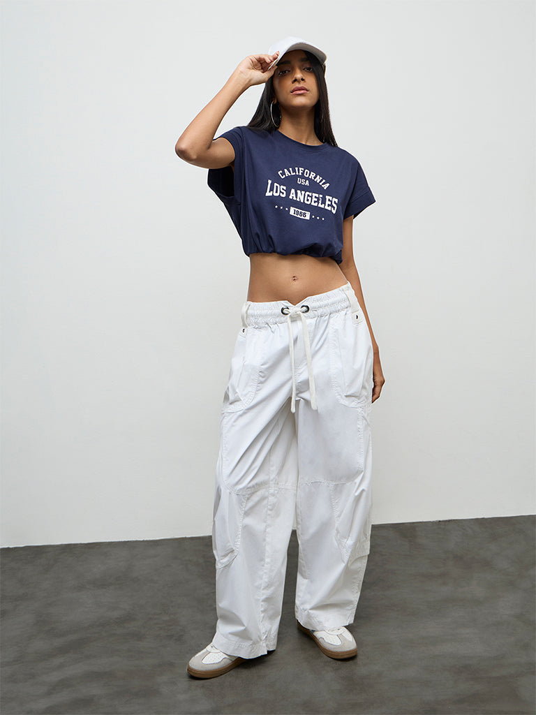 Nuon Navy Text-Printed Cotton-Blend T-Shirt