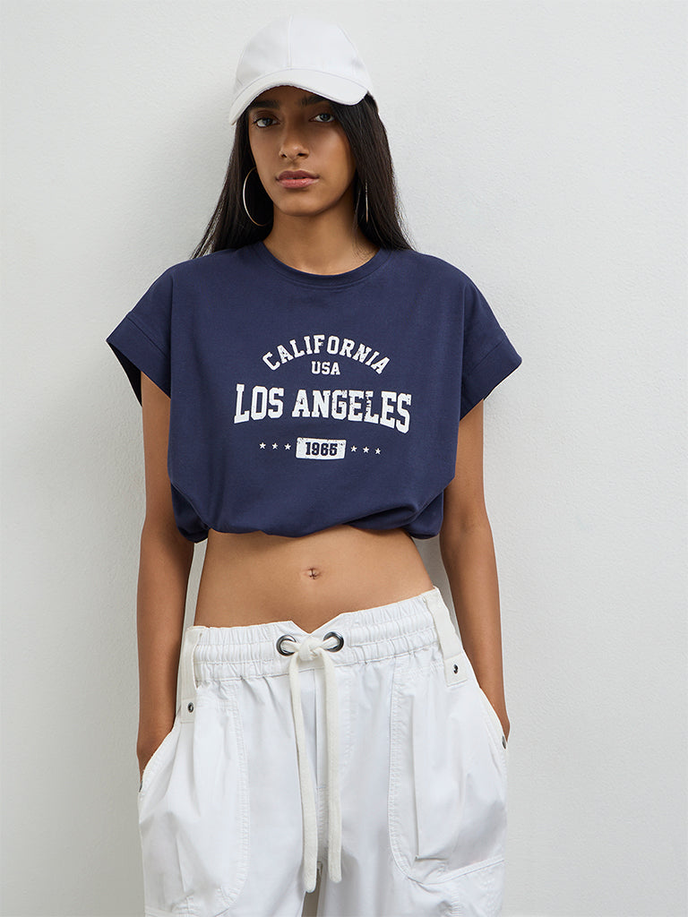 Nuon Navy Text-Printed Cotton-Blend T-Shirt