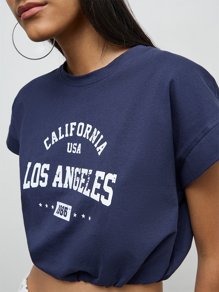 Nuon Navy Text-Printed Cotton-Blend T-Shirt