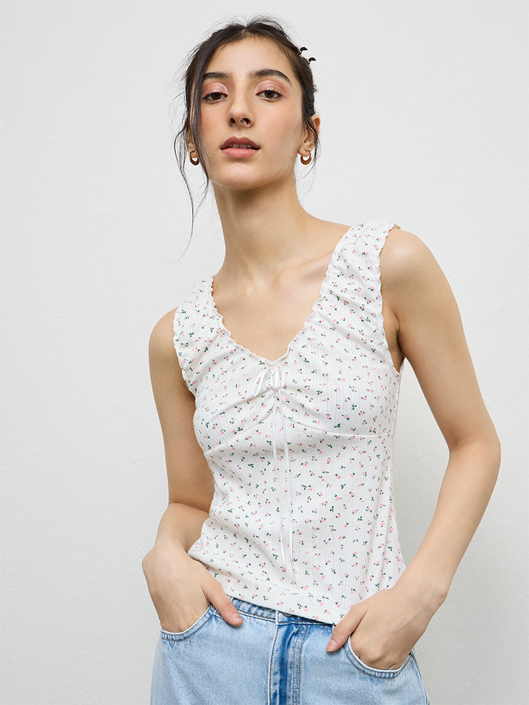Nuon White Floral Printed Cotton-Blend Tank Top