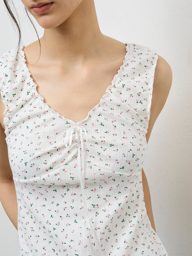 Nuon White Floral Printed Cotton-Blend Tank Top