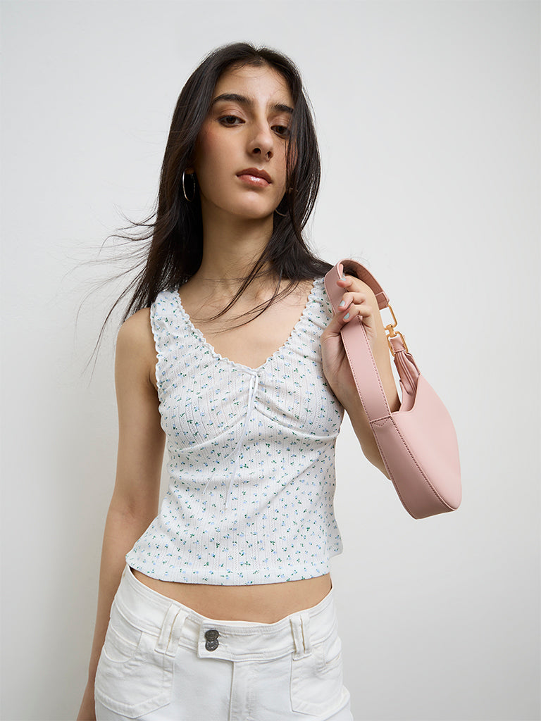 Nuon White Floral Design Cotton-Blend Top