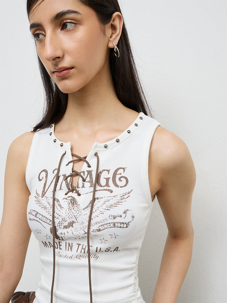 Nuon Off-White Graphic Printed Cotton-Blend Top