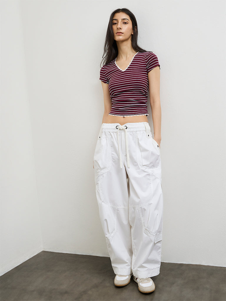 Nuon Burgundy Striped Cotton-Blend Top