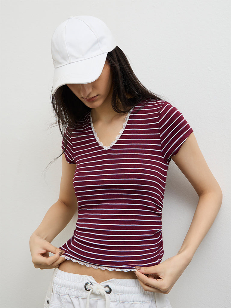 Nuon Burgundy Striped Cotton-Blend Top