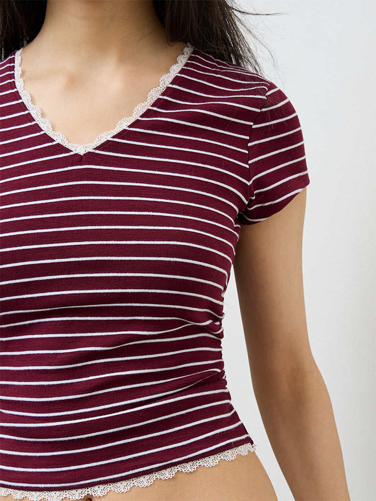 Nuon Burgundy Striped Cotton-Blend Top