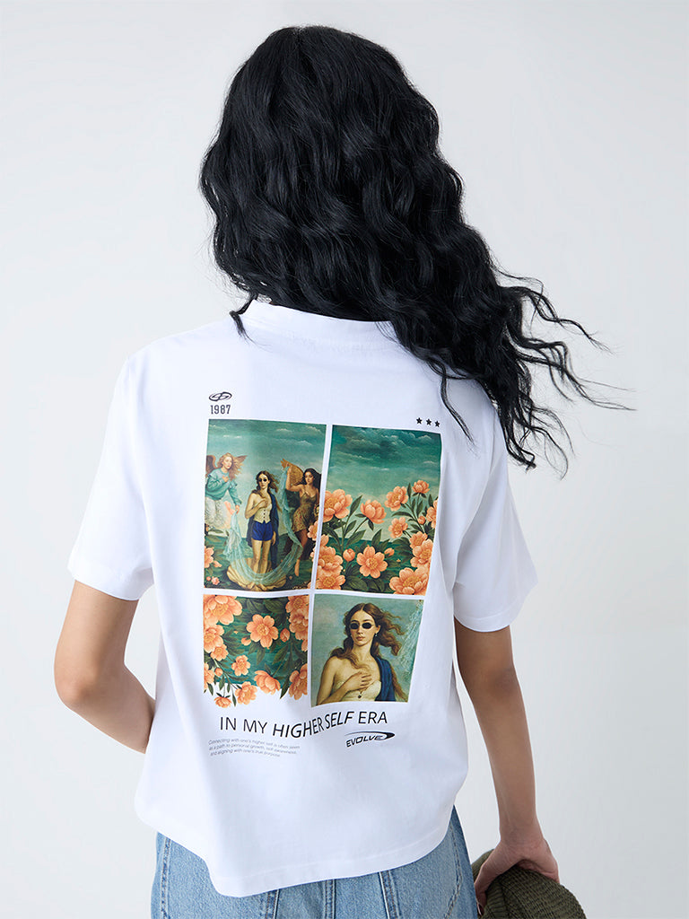 Nuon White Graphic Printed Cotton T-Shirt