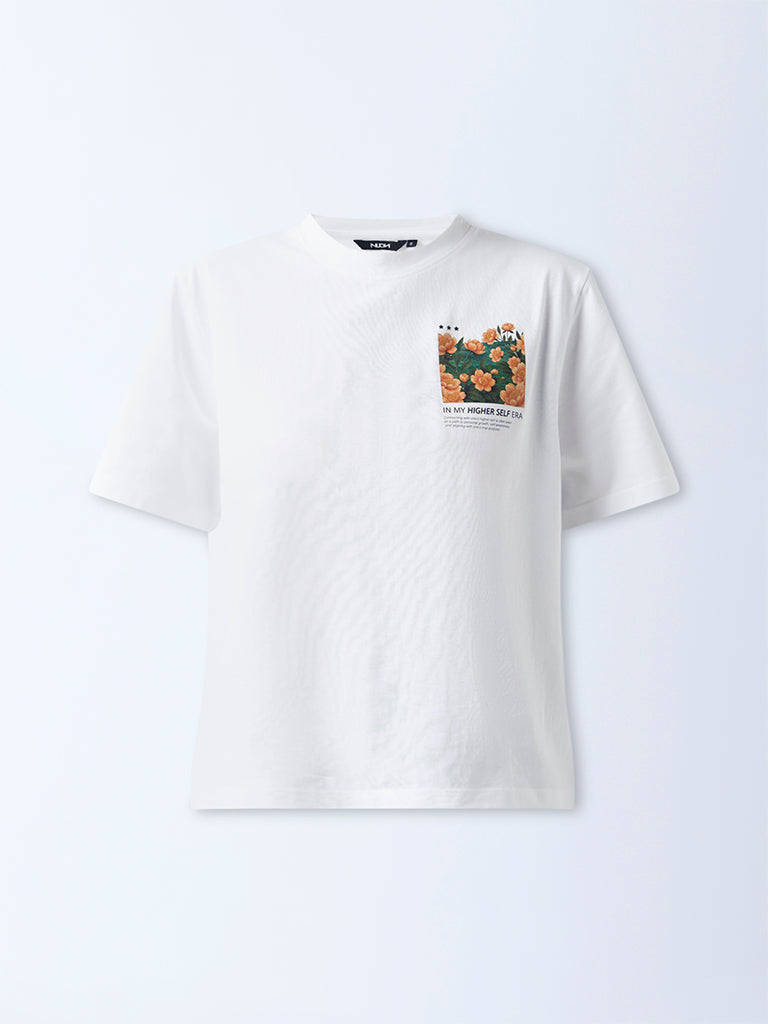 Nuon White Graphic Printed Cotton T-Shirt