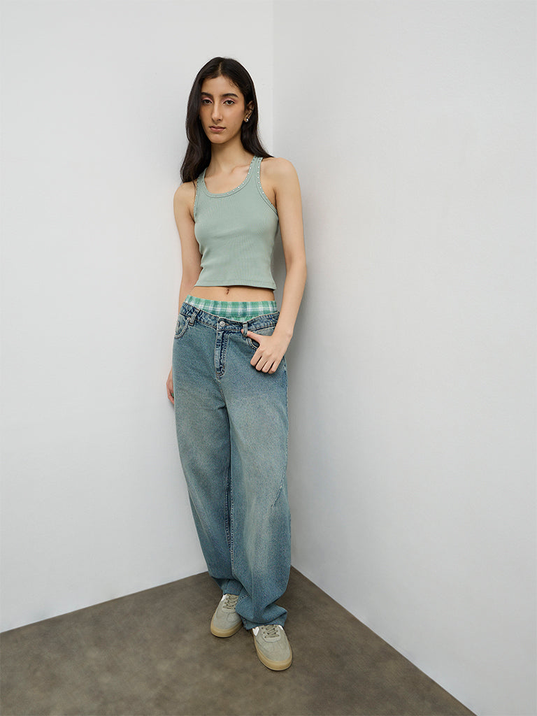 Nuon Light Sage Stud-Detailed Cotton-Blend Top