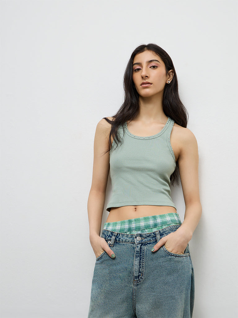 Nuon Light Sage Stud-Detailed Cotton-Blend Top