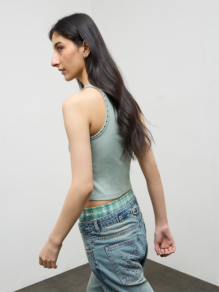 Nuon Light Sage Stud-Detailed Cotton-Blend Top
