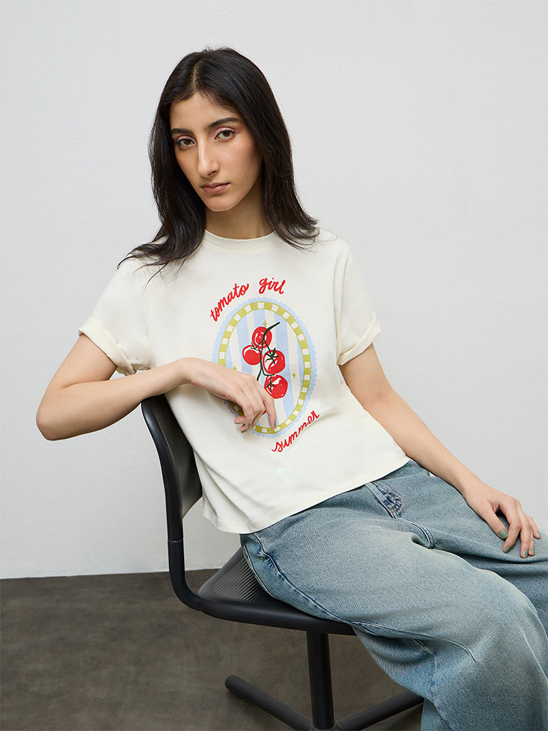 Nuon Off-White Graphic Printed Cotton T-Shirt