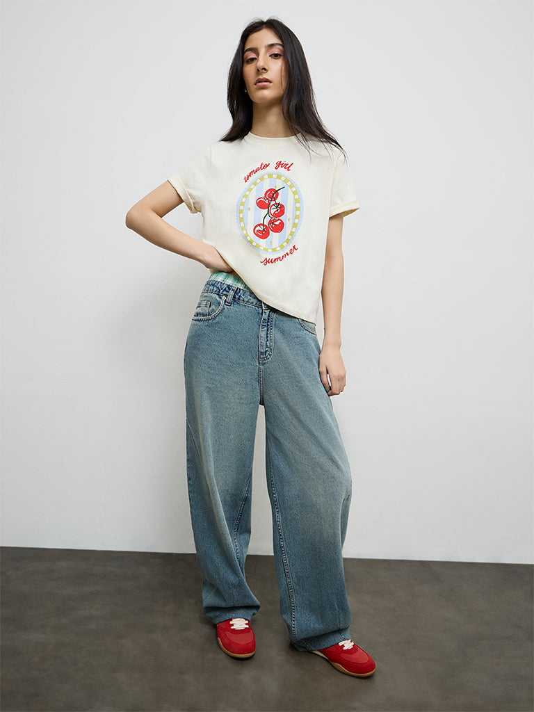 Nuon Off-White Graphic Printed Cotton T-Shirt