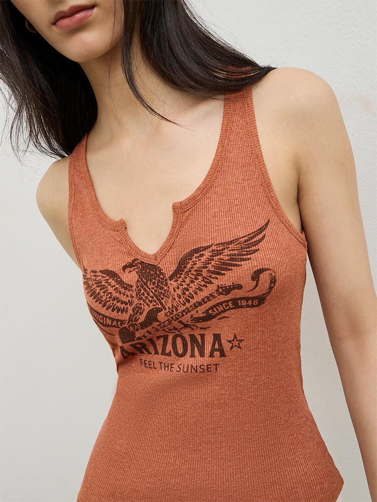 Nuon Rust Printed Ribbed Top