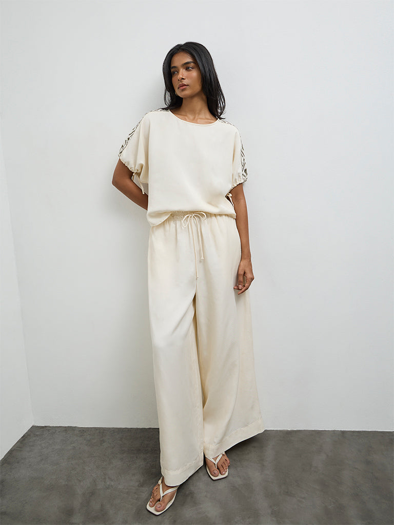 LOV Cream Embroidered Cotton Blouse