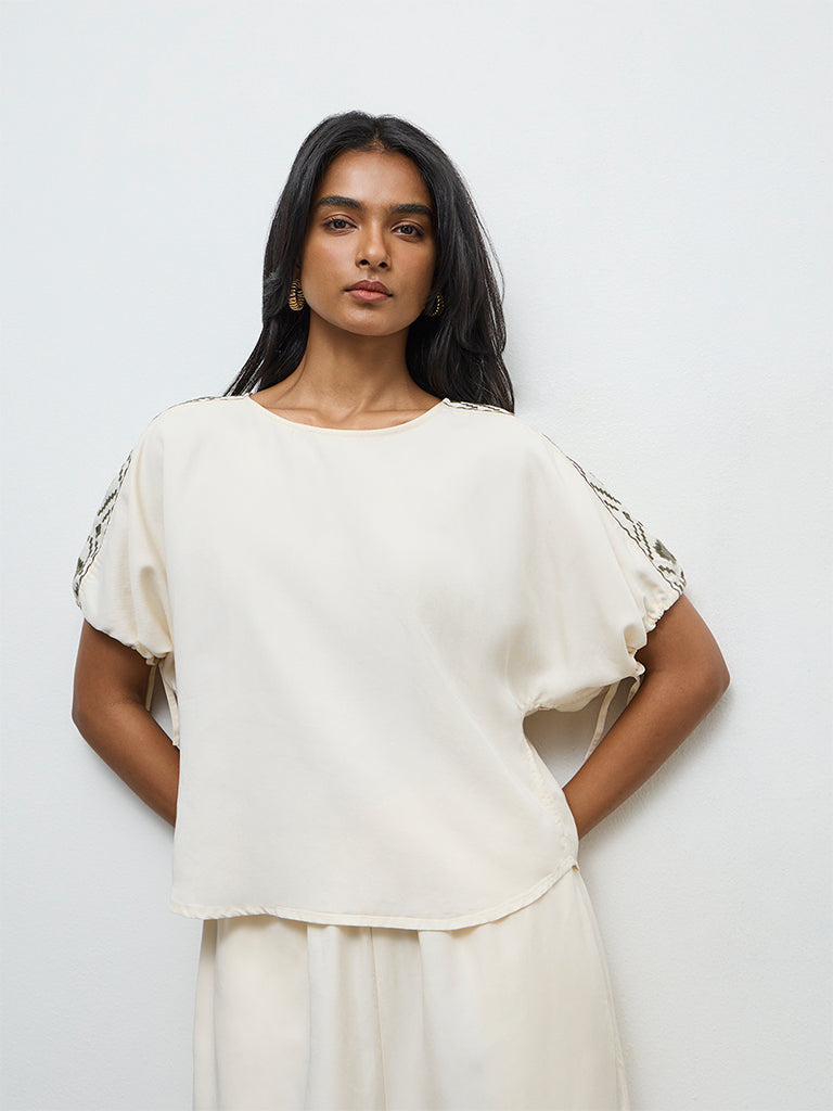 LOV Cream Embroidered Cotton Blouse