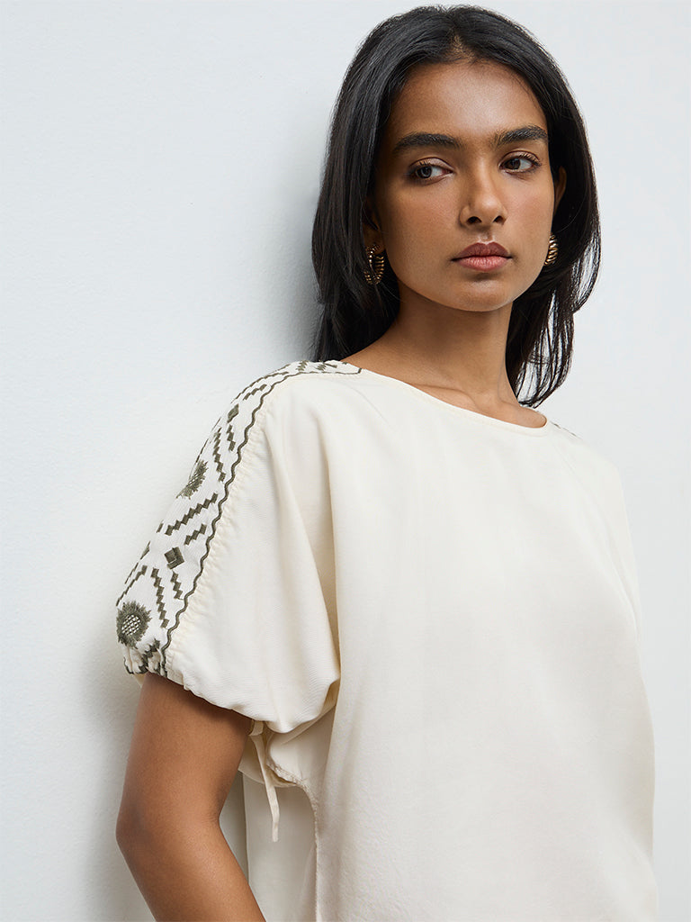 LOV Cream Embroidered Cotton Blouse