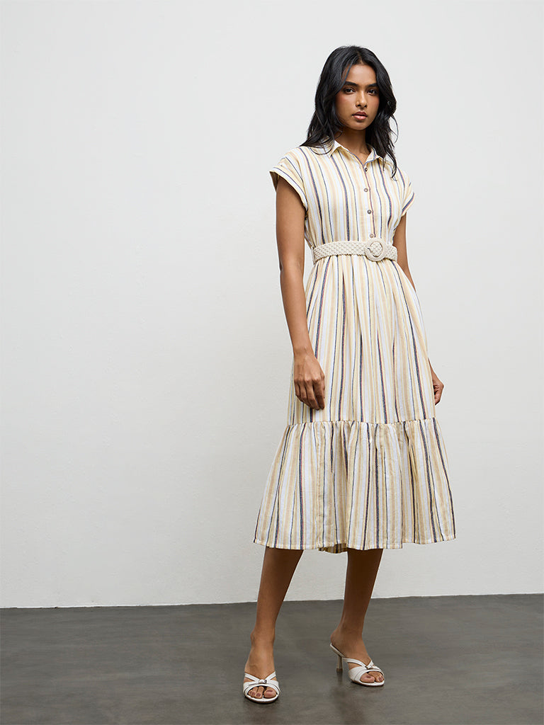 LOV Light Yellow Striped Linen-Blend A-Line Dress