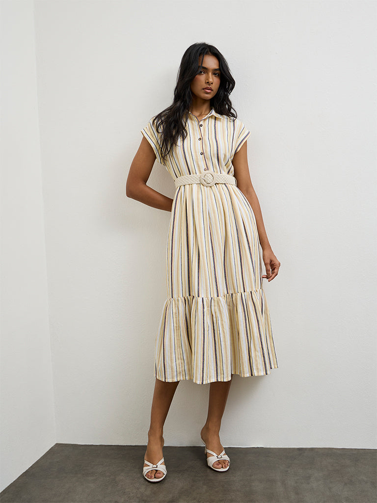 LOV Light Yellow Striped Linen-Blend A-Line Dress