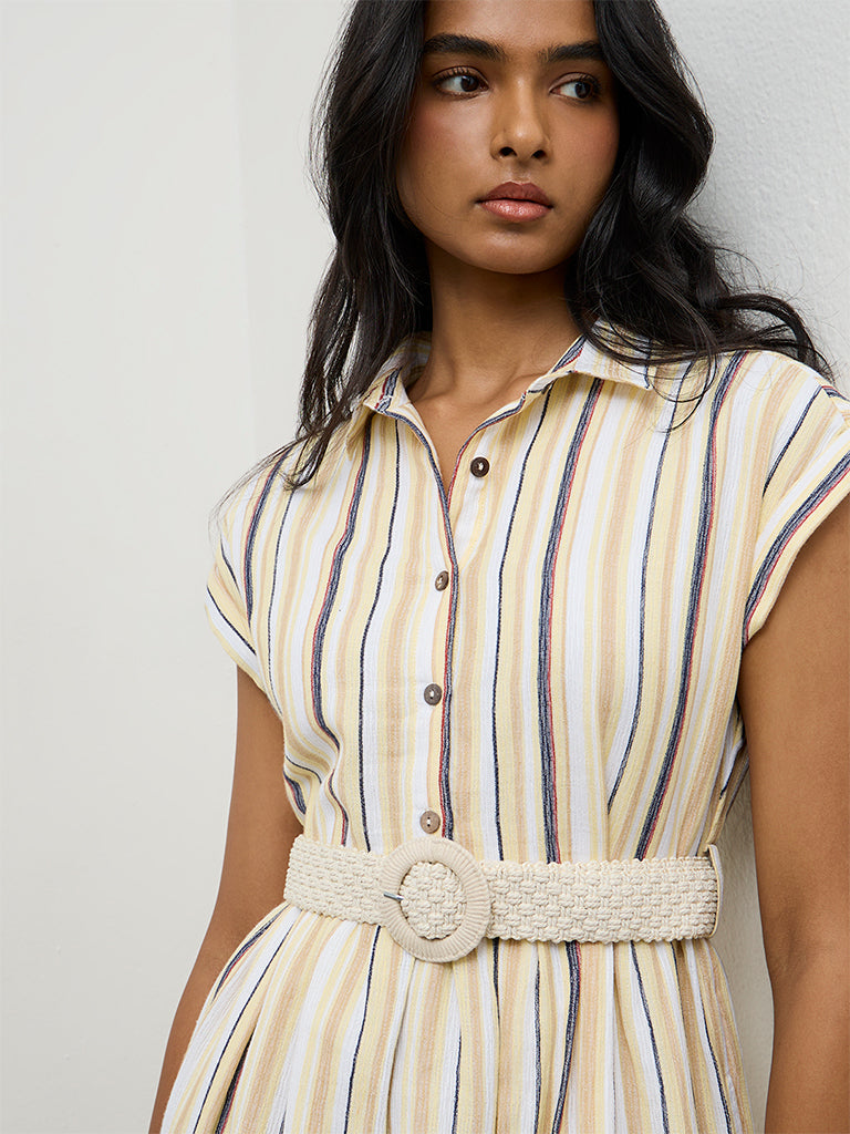 LOV Light Yellow Striped Linen-Blend A-Line Dress
