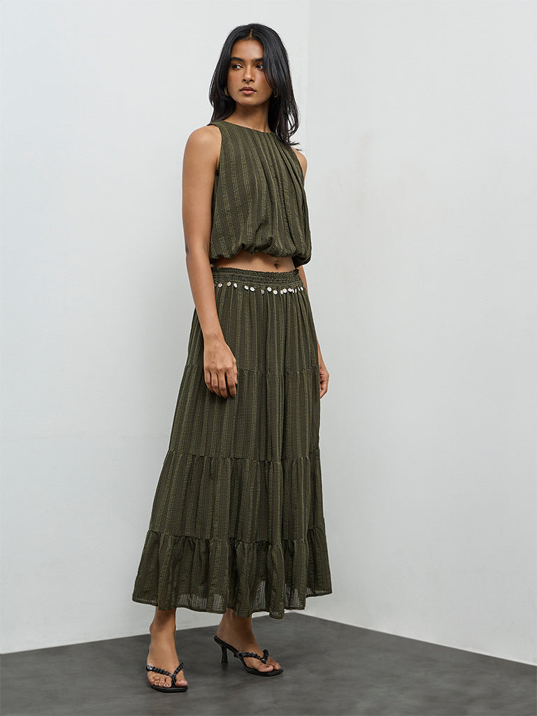 LOV Olive Embellished High-Rise Tiered Skirt