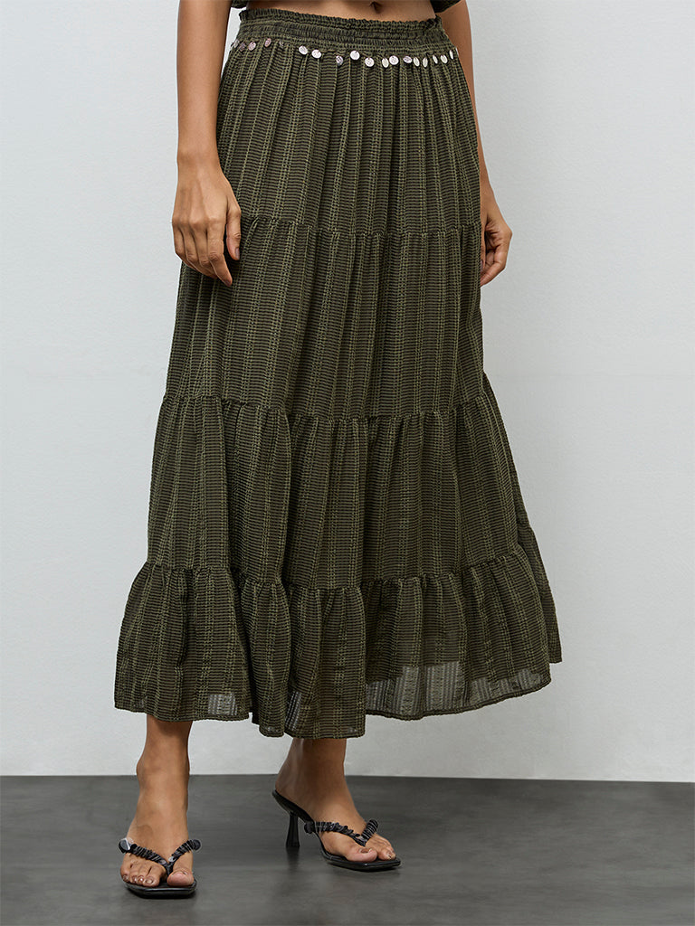 LOV Olive Embellished High-Rise Tiered Skirt