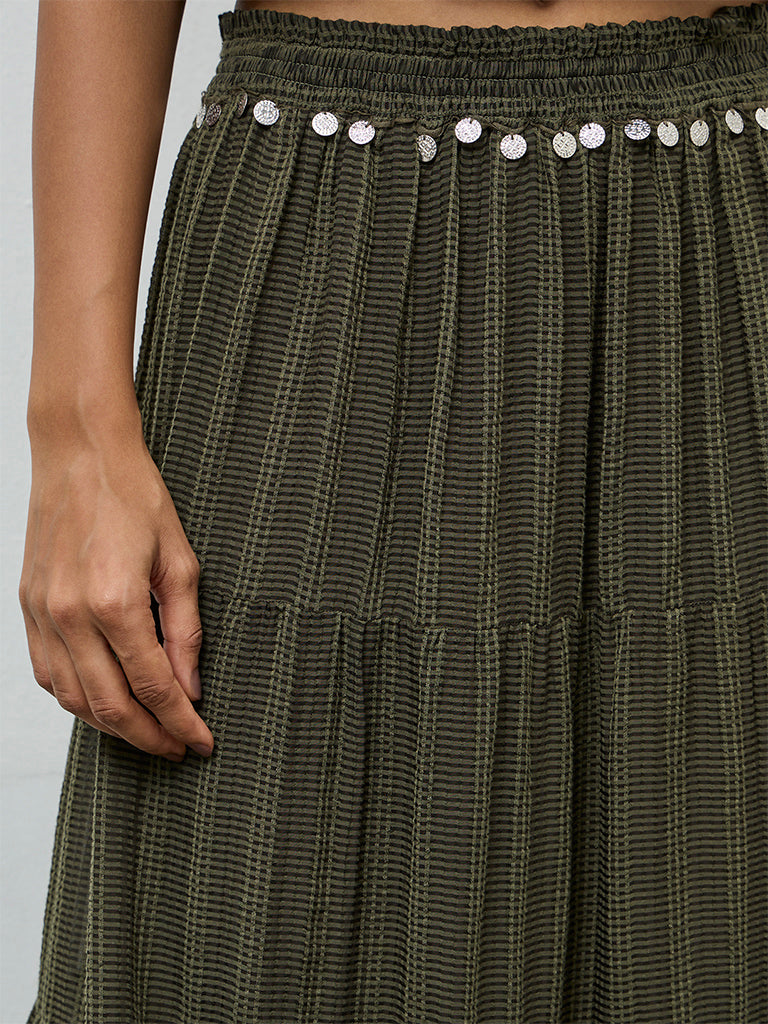 LOV Olive Embellished High-Rise Tiered Skirt