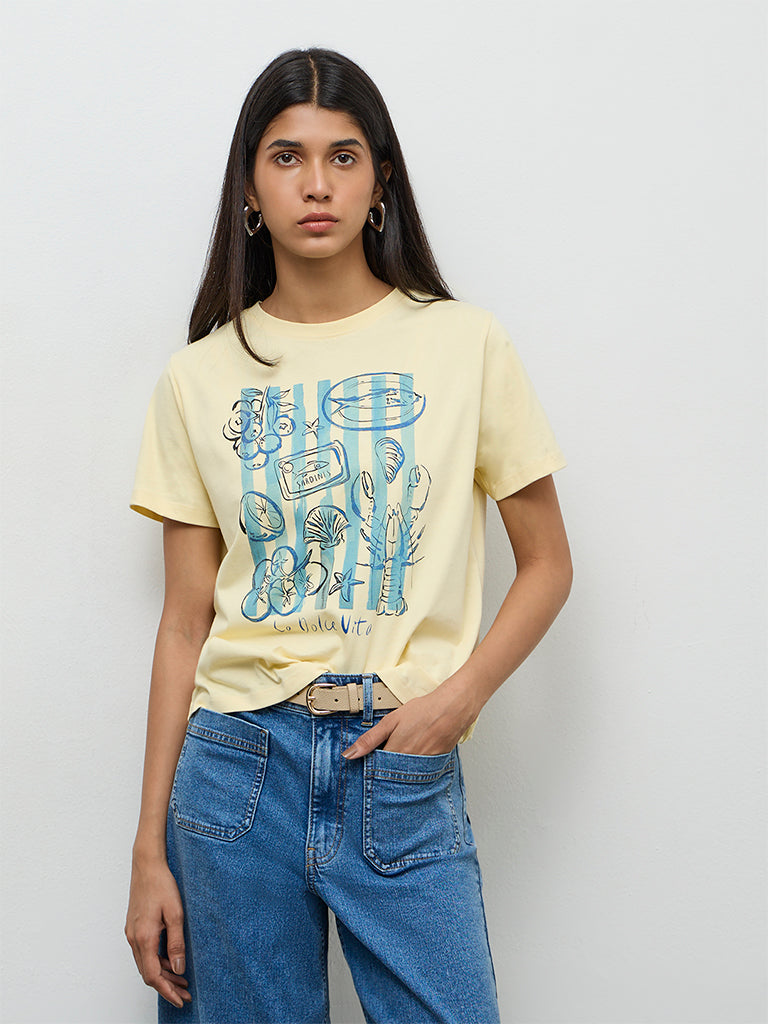 LOV Light Yellow Graphic Printed Cotton T-Shirt