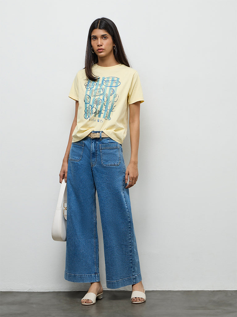 LOV Light Yellow Graphic Printed Cotton T-Shirt