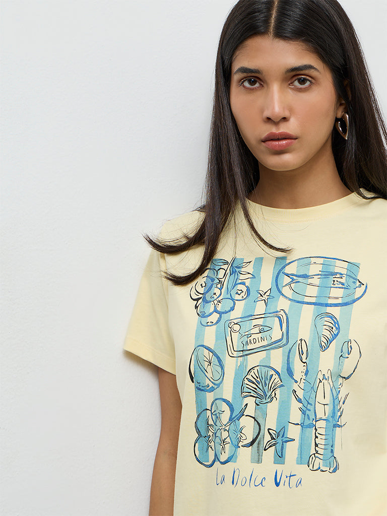LOV Light Yellow Graphic Printed Cotton T-Shirt
