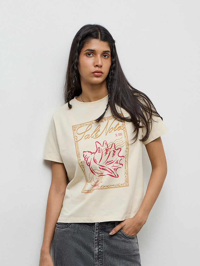 LOV Cream Graphic Printed Cotton T-Shirt