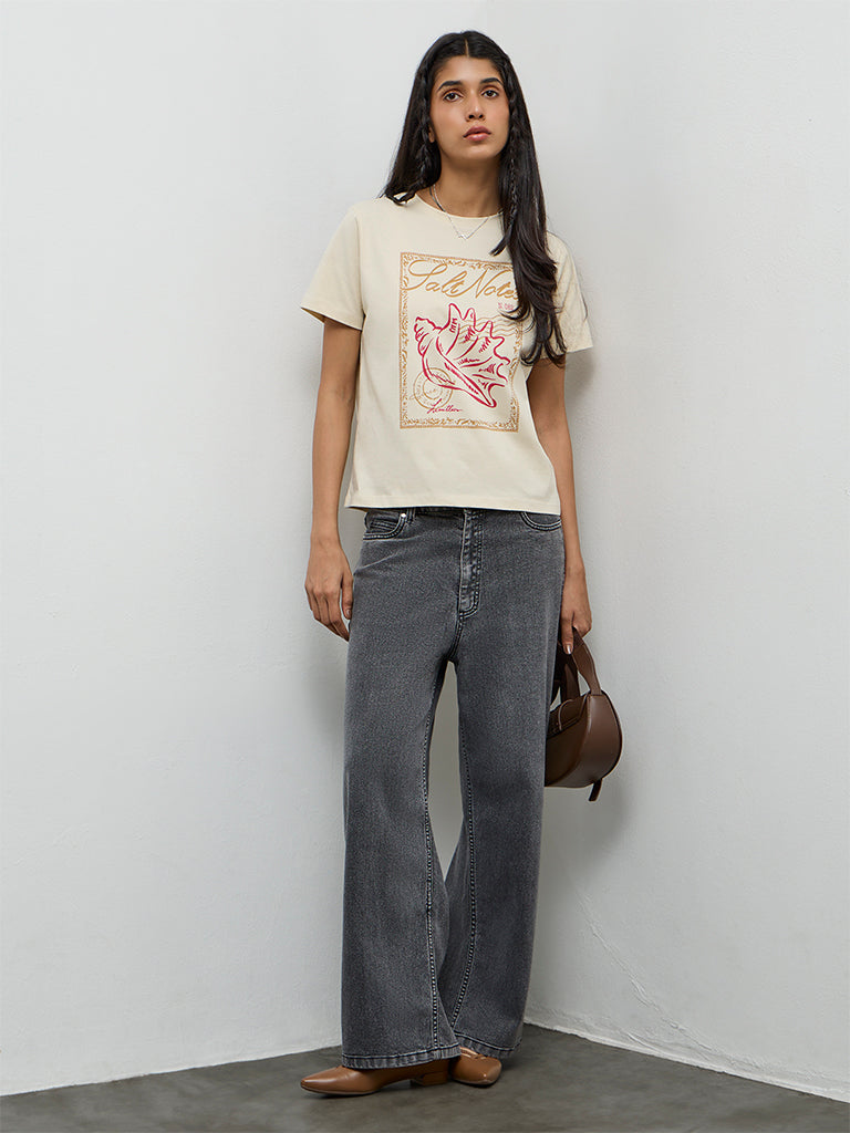 LOV Cream Graphic Printed Cotton T-Shirt