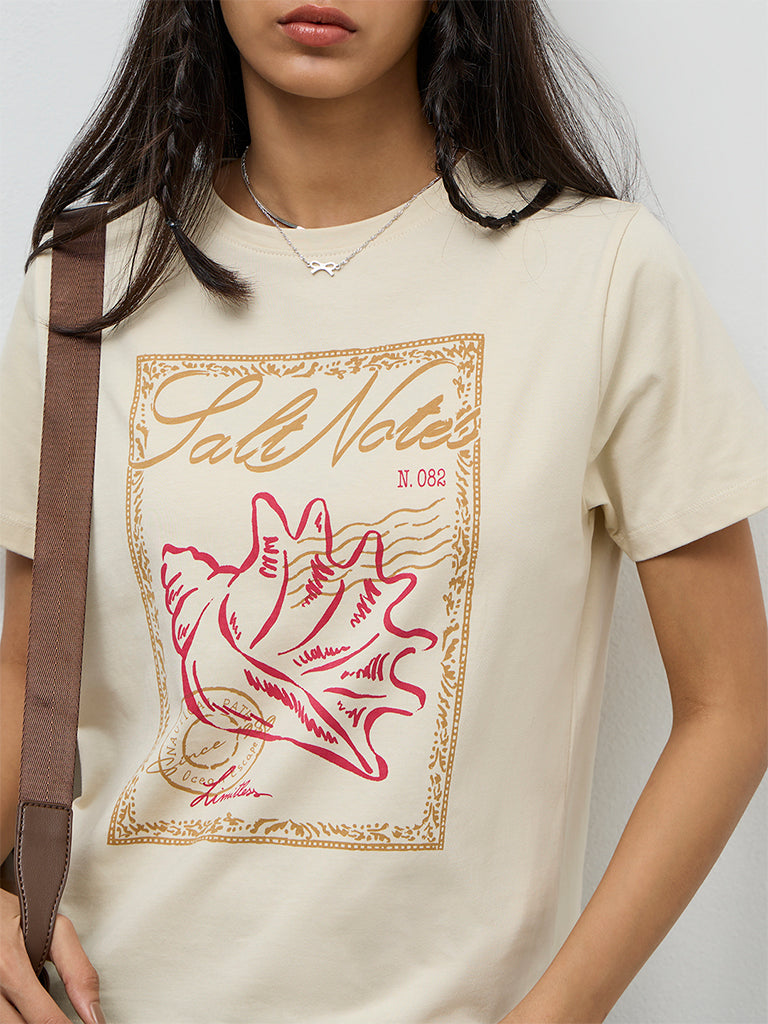 LOV Cream Graphic Printed Cotton T-Shirt