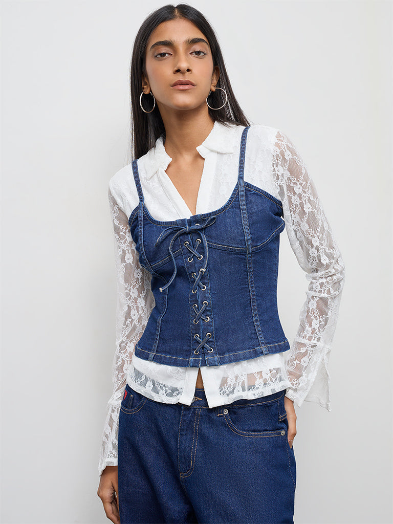 Nuon Dark Blue Corset-Style Denim Top