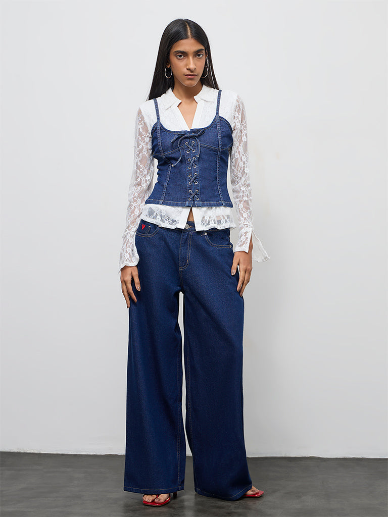 Nuon Dark Blue Corset-Style Denim Top