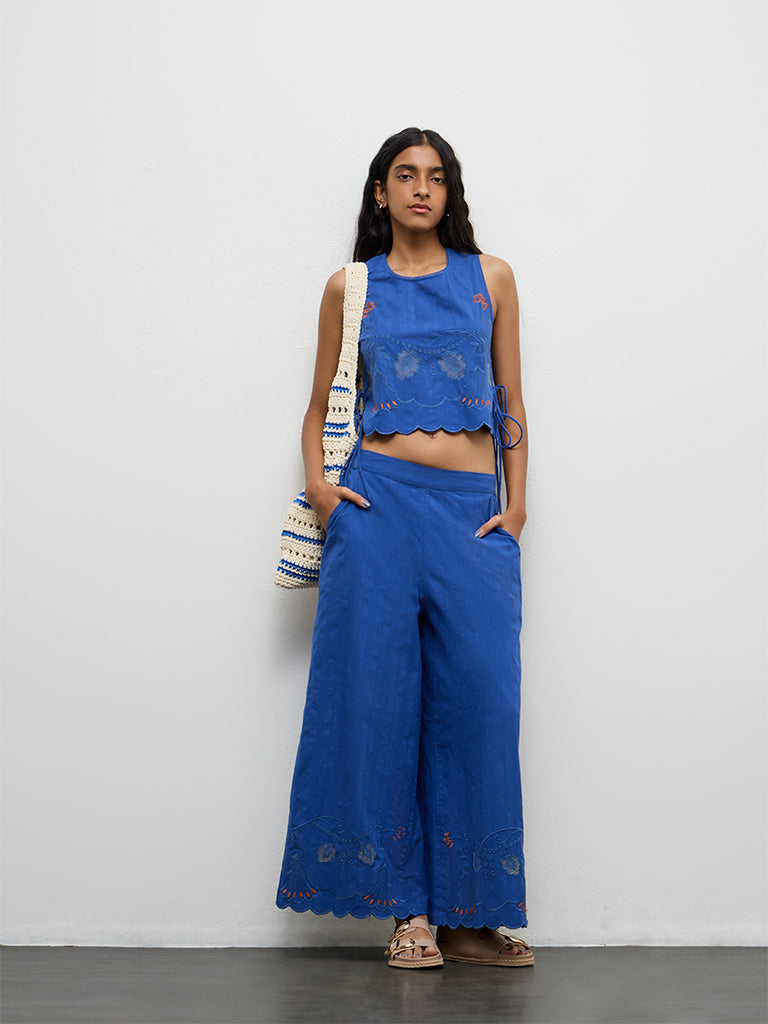 Bombay Paisley Blue Embroidered High-Rise Cotton Pants